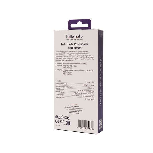 hallo hallo Power Bank Universal 10000mAh USB-A, USB-C, Micro-USB und Lightning