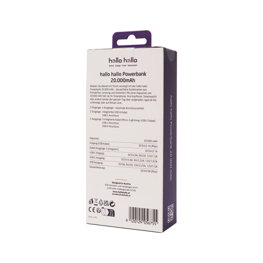 hallo hallo Power Bank Universal 20000mAh USB-A, USB-C, Micro-USB und Lightning